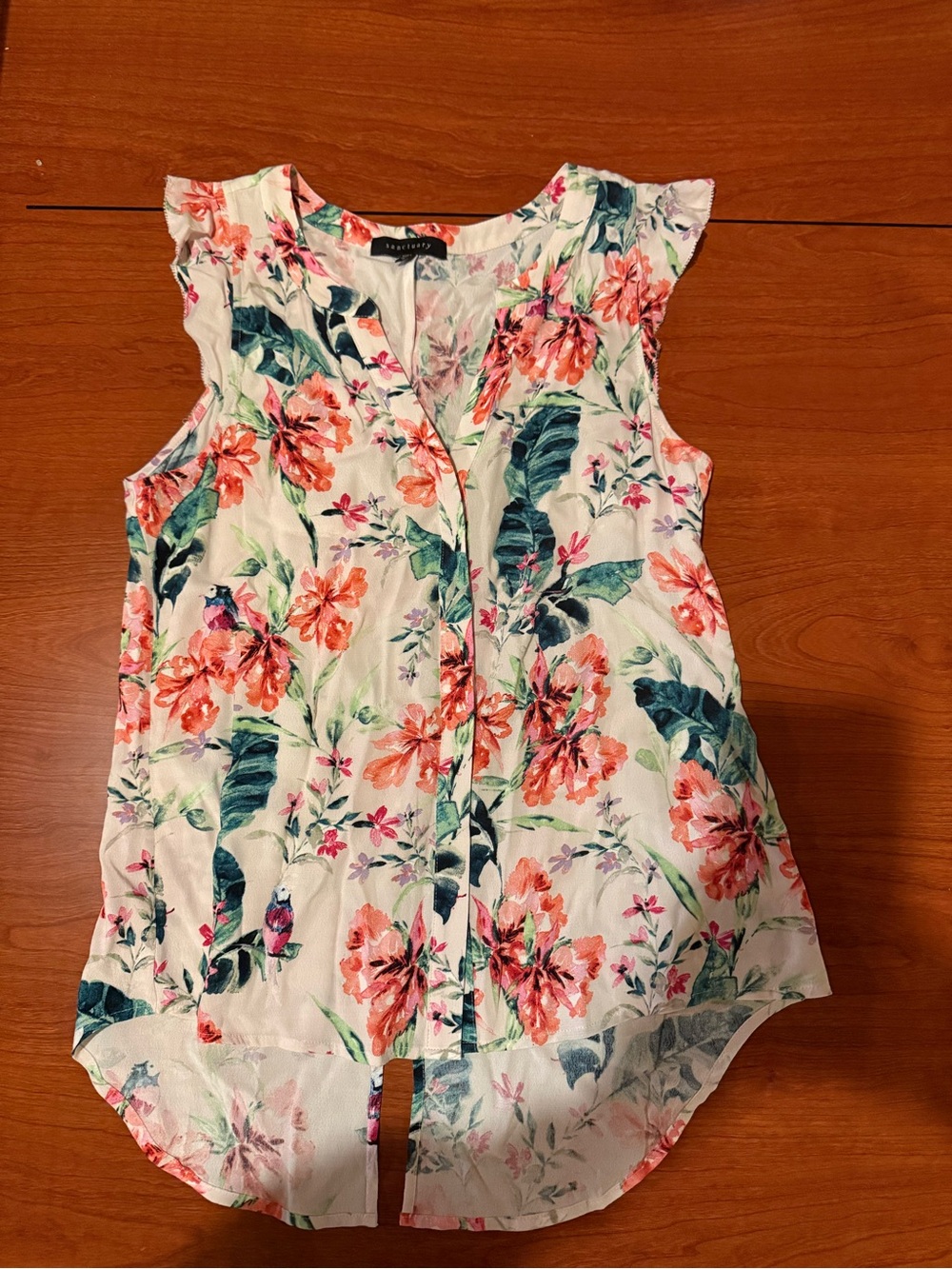 Sanctuary White Floral Sleeveless Blouse with Coral & Teal Print